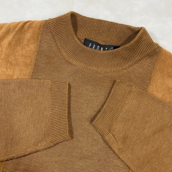 Pronto Other - Pronti Mock Neck Sweater Faux Suede Accents Knit Pullover Brown Boho Mens XL